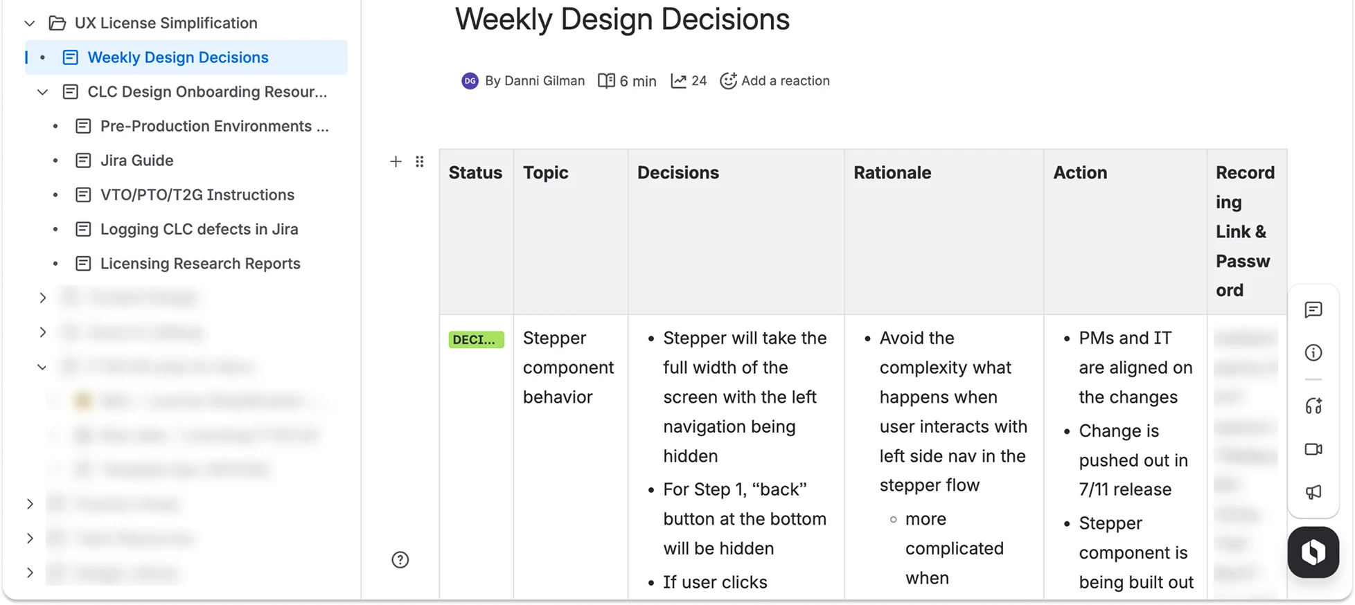 Weekly Design Decisions page by Danni Gilman: a table of decisions with status, topic, rationale and actions, next to onboarding docs for the team