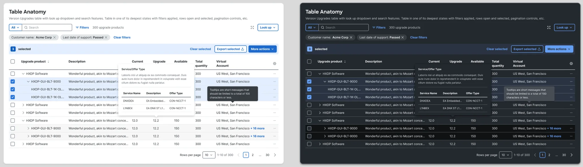 Table anatomy in light and dark themes, showing filters, selected rows, expandable rows, tooltips and pagination